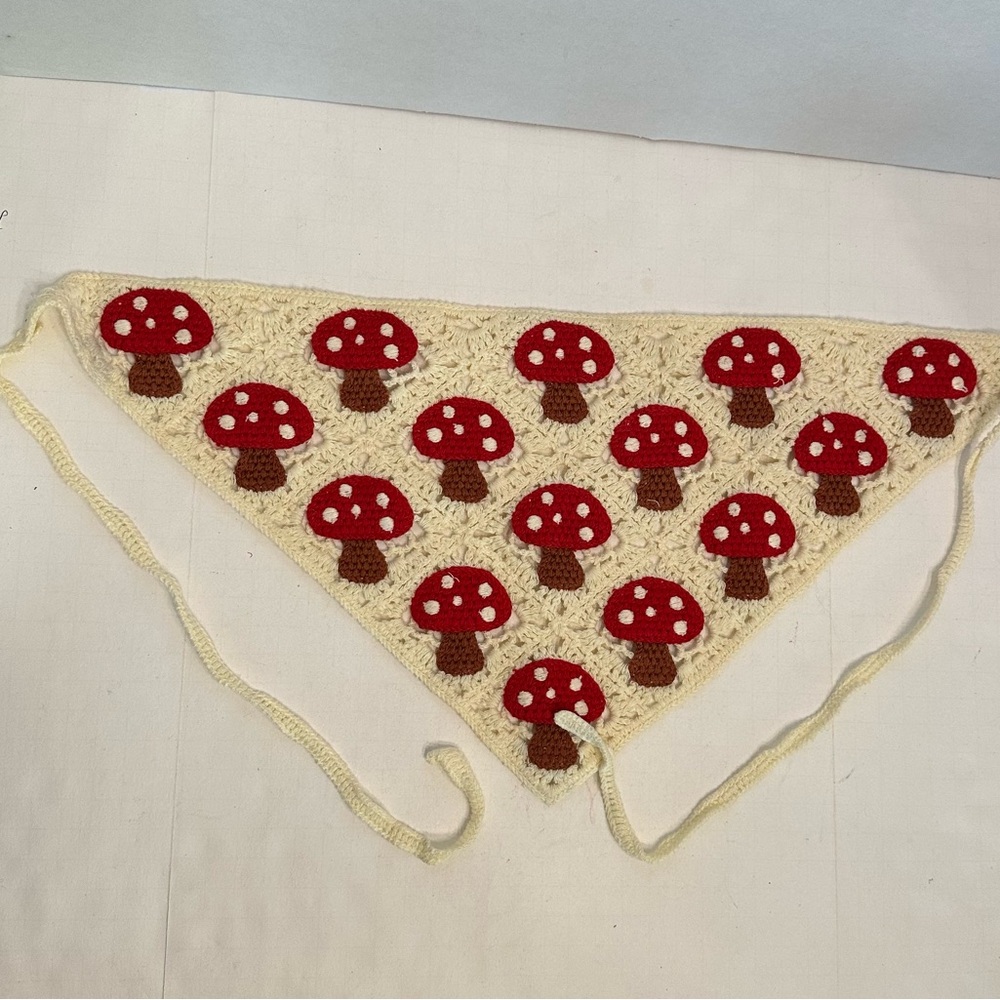 Cream Crochet Triangle Bandana with Red Mushroom Motifs